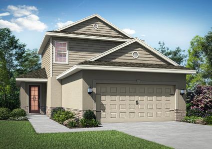 Two-story home with siding and stone, with a walkway leading to the front door.