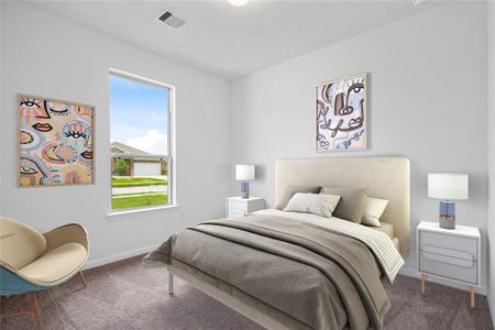 Secondary bedroom features plush carpet, custom paint and a large window.