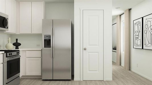 Kitchen featuring light hardwood / wood-style flooring, white cabinets, and appliances with stainless steel finishes