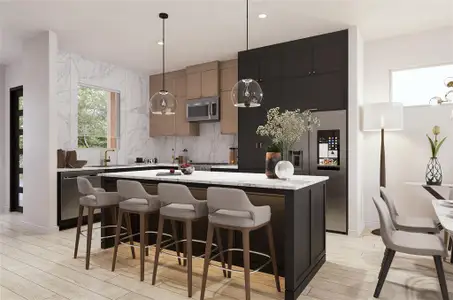 Digital Rendering and Digitally Staged - Actual finishes may differ. Kitchen: Backsplash and Custom Cabinetry to the ceiling. Quartz countertops. Refrigerator not included.