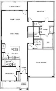 D.R. Horton's Robin floorplan, 1st floor - All Home and community information, including pricing, included features, terms, availability and amenities, are subject to change at any time without notice or obligation. All Drawings, pictures, photographs, video, square footages, floor plans, elevations, features, colors and sizes are approximate for illustration purposes only and will vary from the homes as built.