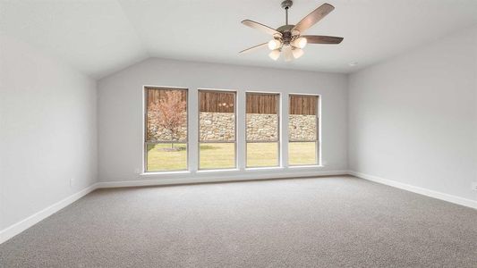 Empty room featuring ceiling fan, vaulted ceiling, carpet flooring, and a wealth of natural light