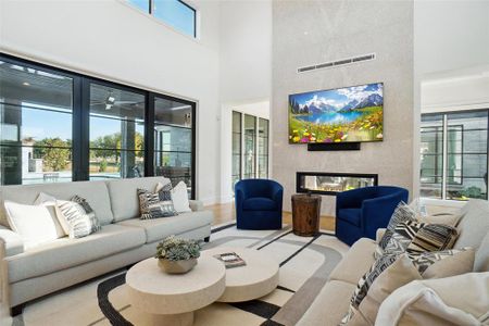 Spacious Living Area with 18ft Marble Backdrop for Dual Sided Fireplace...