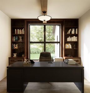 Office with built in shelves and wood-type flooring
Artist's Rendition