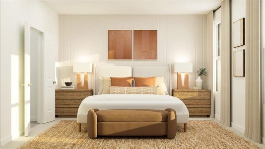 Bedroom with carpet floors and wood walls