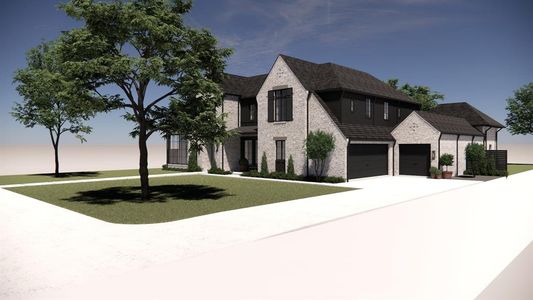 Rendering - front elevation with mature oak trees and 3 car garage