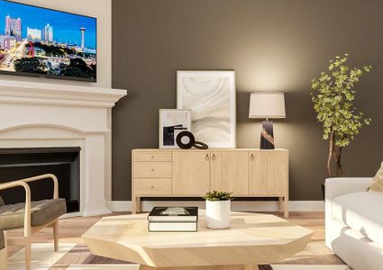 Rendering of the living area showing the
  fireplace with mantle behind 2 accent chairs left, a buffet with dÃ©cor
  center, and a white couch and table left with light wood flooring throughout.