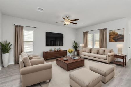 Step into the heart of the home—a spacious and light-filled living room designed for both relaxation and entertainment. Large windows allow natural light to flood the space, while the ceiling fan adds comfort year-round. This room seamlessly connects to other key areas, making it perfect for gatherings and everyday living. **This image is from another Saratoga Home with similar floor plan and finishes, not the June floorplan.**