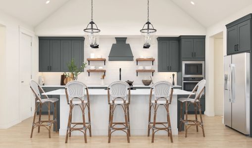 Kitchen with pendant lights over island & open shelving