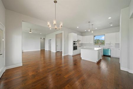 Kitchen with a kitchen island, pendant lighting, dark wood-type flooring, and dishwashing machine