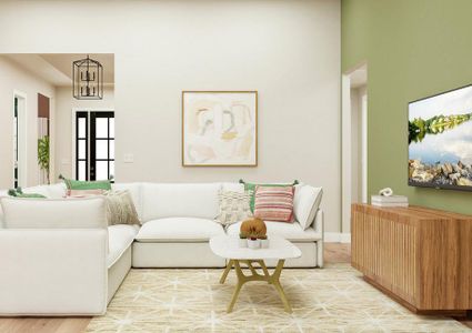 Rendering of the living room showing a
  large white couch and coffee table facing a media cabinet with tv atop a
  cream sofa and a view of the entryway in the background.