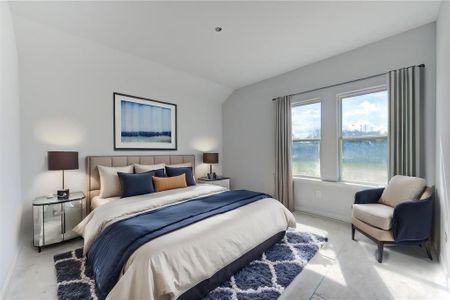 Retreat to the serene primary bedroom, a haven of relaxation with ample natural light streaming through large windows. The plush carpeting, high ceilings, and neutral tones create a tranquil space, perfect for unwinding after a long day. **This image is from another Saratoga Home - Athena floorplan.**