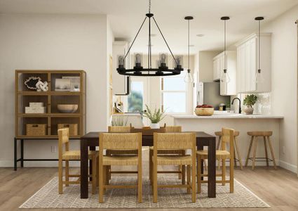 Rendering of the dining room with the
  white kitchen behind it. The dining area has a window, wood-look flooring and
  is furnished with a six-person table and decorative cabinet.