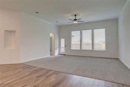 Spare room with ceiling fan, light hardwood / wood-style floors, and crown molding