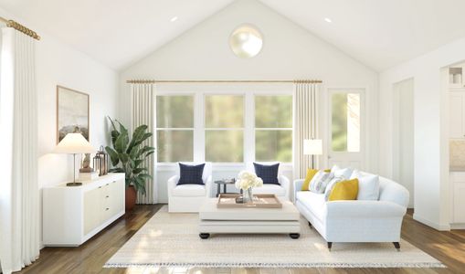 Great room with vaulted ceiling and gorgeous tile flooring