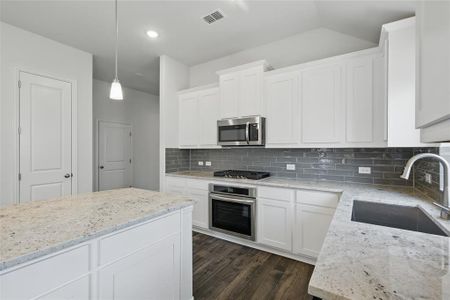 Kitchen with light stone countertops, stainless steel appliances, a sink, decorative backsplash, and dark wood-style floors