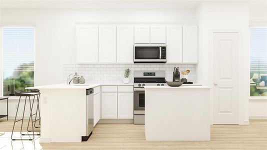 Kitchen with decorative backsplash, light wood-type flooring, white cabinetry, kitchen peninsula, and stainless steel appliances