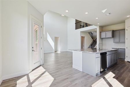 Kitchen with light wood-type flooring, a kitchen island with sink, and gray cabinets