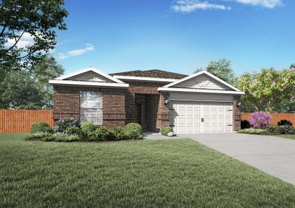 Reed house rendering of the exterior with green grass, lush plants, and two car garage