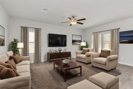 Another perspective of the inviting living room showcases its versatility and ample space for various furniture configurations. The room’s layout is ideal for creating cozy conversation areas, while the large windows ensure a bright and cheerful environment. This space, with its timeless design and comfortable seating options, is perfect for unwinding with family or hosting friends. **This image is from another Saratoga Home with similar floor plan and finishes, not the Hera floorplan.**