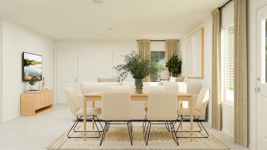 Dining space with light tile patterned flooring