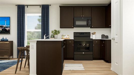 Kitchen with light hardwood / wood-style floors, dark brown cabinets, kitchen peninsula, and electric range oven