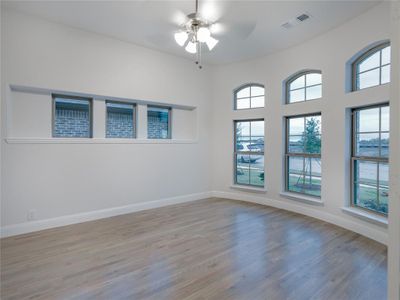 Empty room featuring ceiling fan, a wealth of natural light, and light hardwood / wood-style flooring