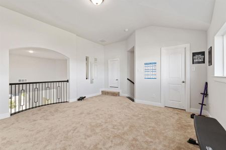 Carpeted empty room with vaulted ceiling