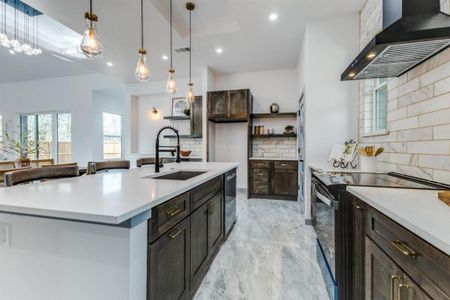 Kitchen with sink, decorative backsplash, electric stove, and wall chimney exhaust hood