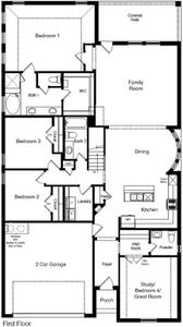 D.R. Horton's The Mesquite floorplan, 1st floor - Photos shown here may not depict the specified home and features and are included for illustration purposes only. Elevations, exterior/ interior colors, options, available upgrades, and standard features will vary in each community and may change without notice. May include options, elevations, and upgrades (such as patio covers, front porches, stone options, and lot premiums) that require an additional charge. Landscaping and furnishings are décor items and are not included in purchase price. Call sales agent for more details.