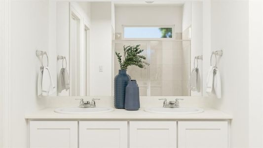 Bathroom with vanity and a shower with door