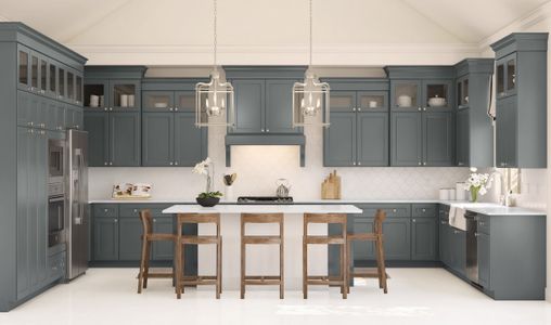 Kitchen with glass upper cabinets and pendant lights