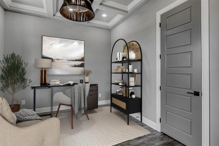 Office featuring dark wood-type flooring, crown molding, coffered ceiling, and beamed ceiling