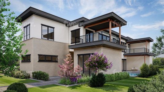 Contemporary house with a front lawn and a balcony