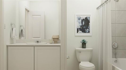 Full bathroom featuring vanity, toilet, and shower / tub combo with curtain