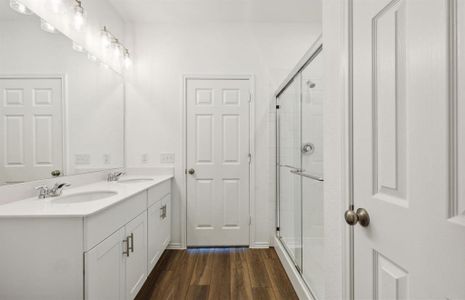 Spacious owner's bathroom with dual vanity and large shower *real home pictured