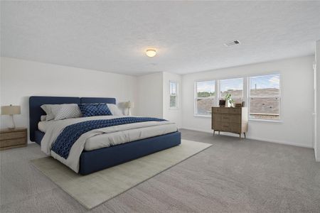 What a wonderful place to come home to, this stunning primary suite greets you with gorgeous plush carpet, custom paint, high ceiling, lighting, lovely windows with blinds allowing in natural light brightening up this spacious primary bedroom!