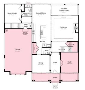 First Floor Plan - Structural options added include: finished walkout basement with bed and full bath, larger pantry, tray ceilings in gathering room and primary bed, tub in laundry room, shower in bath 2, and study