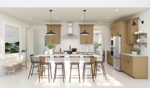 Kitchen with pendant lighting and floating shelves