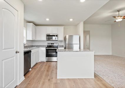 The kitchen of the Blanco has beautiful white wood cabinets.