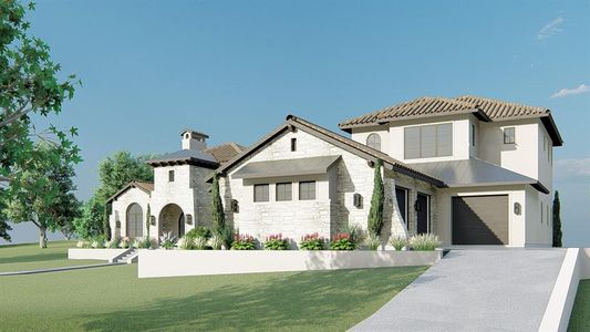 Mediterranean / spanish-style home featuring a garage and a front lawn