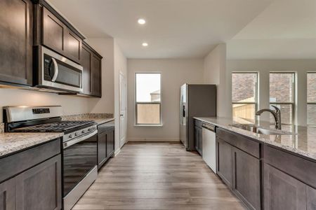 Kitchen featuring light stone counters, a healthy amount of sunlight, light hardwood / wood-style flooring, and stainless steel appliances