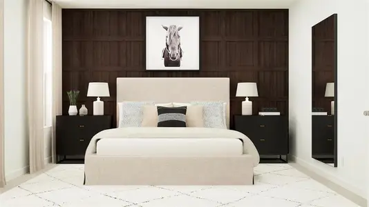 Bedroom featuring wooden walls and light colored carpet