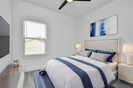 Retreat to the tranquility of 1 of 2 spacious guest bedrooms, featuring elegant ceiling fan, walk in closet, plush carpet and ample natural light for a serene and inviting ambiance