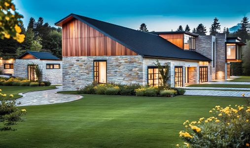 Rear view of house with board and batten siding, a lawn, stone siding, and driveway