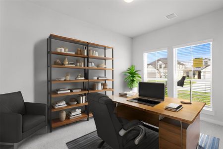 Quietly nestled in front of the home is the handsome home office. Featuring plush carpet, custom paint and large windows with privacy blinds.