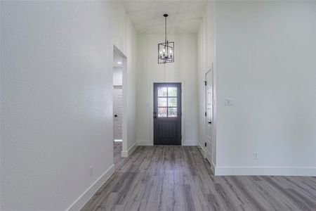 Foyer entrance with an inviting chandelier, wood-type flooring, and a towering ceiling