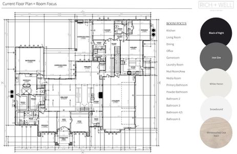 First floor, floor plan with color examples.