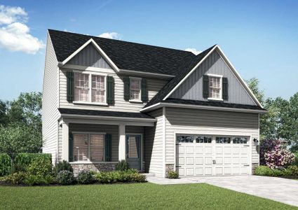 Hartford new home front with two stories, grey paneling, and green grass