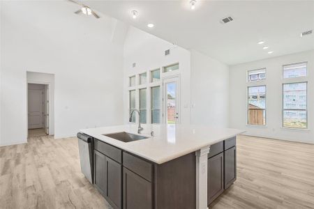 Kitchen featuring stainless steel dishwasher, a healthy amount of sunlight, an island with sink, light hardwood / wood-style floors, and sink